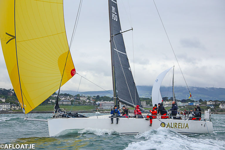 Chris Power Smith&#039;s Aurelia with her big gold North Sails spinnaker at the start of the 2019 Dun Laoghaire to Dingle Race