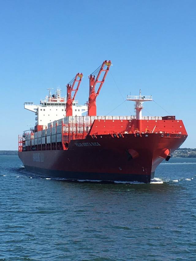 The largest containership to call to Cork, Afloat adds was Hamburg Sud's Polar Costa Rica (3,884TEU). The 43,000 gross tonnage 230m long ship made a maiden call in June to Ringaskiddy where the pair of STS (ship-to-shore) gantry cranes will be installed as part of the new €80m terminal. 
