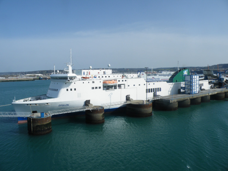 Motorways of the Sea (MoS) connects EU ports among them, Dublin Port-Cherbourg route, an important freight trade route linking Ireland and France. Above a freight/passenger (ropax) ferry and behind a conventional passenger ferry also berthed at the French north-west Port in Normandy. 