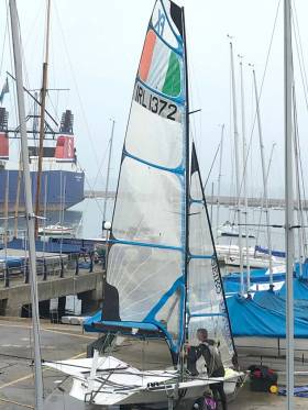Annalise Murphy&#039;s coach Rory Fitzpatrick rigs a women&#039;s 49erFX Olympic skiff dinghy at the National Yacht Club in Dun Laoghaire today
