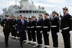 Minister Paul Kehoe inspects a Naval Service guard of honour during the new Defence Forces medal award ceremony held in Dun Laoghaire Harbour at the weekend.