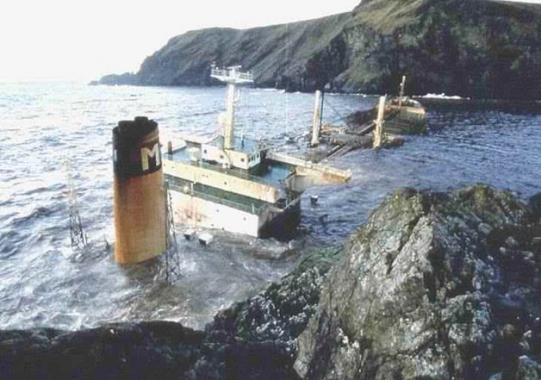 The crude oil tanker Braer during a storm in 1993 foundered in the Shetlands Isles off Scotland spilling almost  85,000 tonnes. The disaster was one of the major oil spills in history and is ranked the 15th worst out of 20 indicents in terms of oil spill size tonnes according to the ITOPF&#039;s Oil Tanker Spill Statistis 2019 - see download link below. As for above the tanker is seen at Garths Ness where it broke-up on the rocky shore. 