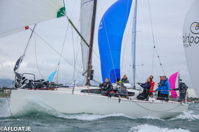 Getting on a head of steam. Rockabill Vi (Paul O’Higgins, RIYC) starting to find the strengthening fair wind in the early stages of the 2019 Volvo Dun Laoghaire to Dingle Race. Already the defending champion after winning in 2017, she held on to her title in Dingle, and was also ISORA Champion and ICRA “Boat of the Year”, while her owner-skipper became 2019 Sailor of the Year