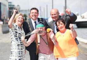 Pictured enjoying the official launch of the annual South Docks Festival were Lisa Kelleher, coordinator at St Andrew’s Resource Centre, Paul McAuliffe, Lord Mayor of Dublin and Honorary Admiral of Dublin Port, Clown Johnie K (front), Dolores Wilson, chairperson of St Andrew’s Resource Centre South Docks Festival, and Eamonn O’Reilly, Chief Executive of Dublin Port Company.