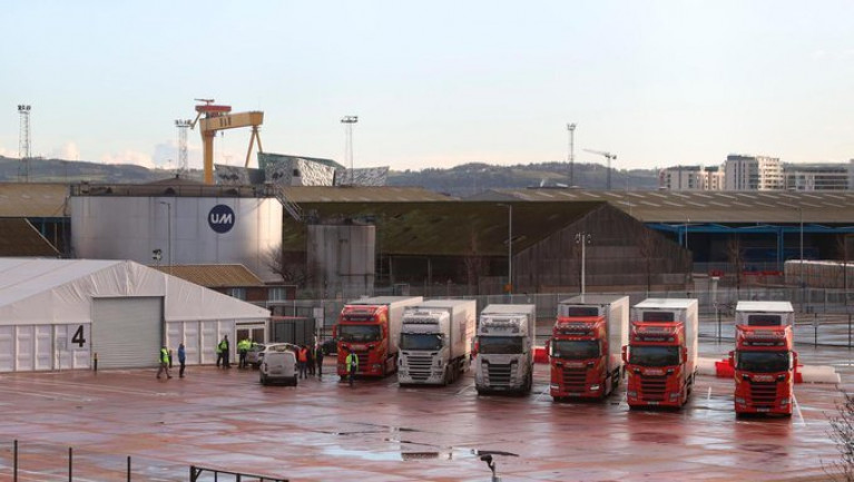 Supply chain: Lorries at a Department of Agriculture, Environment and Rural Affairs site near Belfast Harbour