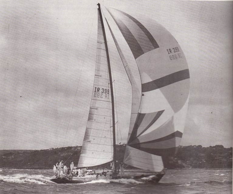 Denis Doyle’s new Crosshaven-built Moonduster makes her debut off Cork in 1981, the year after the first Round Ireland Race was sailed from Wicklow. The following year, when her owner was already 62 with a lifetime of offshore racing experience and success behind him, he brought Moonduster to Wicklow for the new biennial Round Ireland event, and remained loyal to it for the rest of his long sailing career