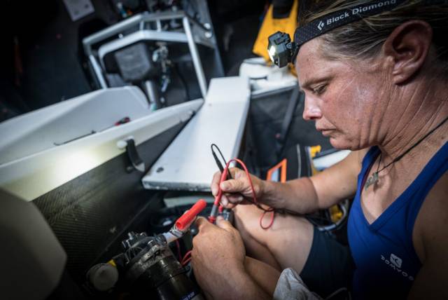 Turn the Tide on Plastic’s general boat captain genius Liz Wardley saves the day by fixing the boat’s problem water maker pump