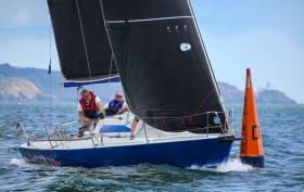 Dave Cullen (right) on his way to victory in the Royal Irish Yacht Club Regatta on Dublin Bay in the 2018 ICRA Boat of the Year, the 1985 Humphrey&#039;s Checkmate XV