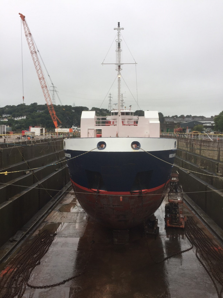 In this file photo is the occasion of the Irish flagged container/general cargoship M.V. Huelin Dispatch which is seen in the graving dry-dock at Cork Dockyard in 2017. The vessel since returned on 13th May for routine inspection and as of yesterday departed Ireland&#039;s sole dry-dock for ships and remains this evening at anchor offshore of Cork Harbour awaiting orders for the next charter. 