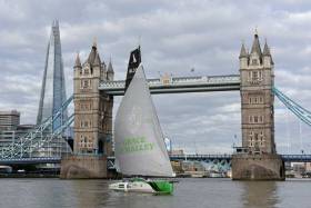 Joan Mulloy&#039;s ocean racing boat, Believe in Grace as she arrived at Tower Bridge London having completed a special trip from the West of Ireland to  London, retracing the route of her formidable ancestor, Grace O’Malley  Irish Pirate Queen who famously met with the Virgin Queen in 1593
