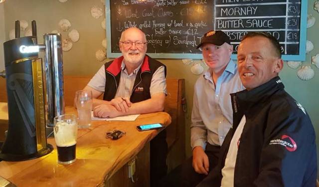 Campaign sponsor Aidan McManus (left) of the King Sitric restaurant in Howth with Simon Knowles (centre) and Conor Fogerty relaxing in their home port with a pint in the King Sitric prior to departure for the Cowes start of the Round Britain and Ireland Race on Sunday