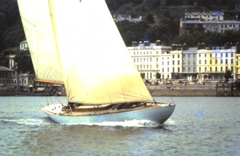 The classic stem shape exemplified by Tom Crosbie’s International 8 Metre If off Cobh in 1960. Designed and built by Bjarne Aas in Norway in 1939, the 49ft If was unusual for her class in having full standing headroom