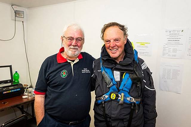 RORC Commodore Michael Boyd (right) with Wicklow Sailing Club’s Race Organiser Theo Phelan immediately after the Boyd-skippered First 44.7 Lisa had finished the Volvo Round Ireland Race to become the best-placed Irish boat at third overall in IRC. Photo courtesy Volvo Round Ireland Race