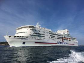 Brittany Ferries 2017 seasonal Cork-Roscoff route had a 4% increase in passengers compared to the previous year. Above: Cruiseferry Pont-Aven Afloat adds has &#039;scrubber&#039; funnel technology to reduce sulphur emissions, is seen in Spanish waters where the 40,000 gross tonnage cruiseferry is currently operating Santander-Portsmouth sailings. The cruiseferry will resume Ireland-France sailings in late March, 2018.