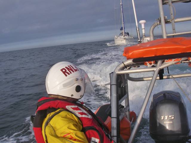 Portaferry RNLI’s Atlantic 85 class lifeboat Bluepeter V tows the stricken yacht to Strangford