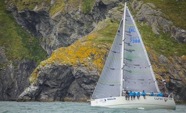 Lynx, a Sailing school entry was tenth overall in a fleet of 63–boats in this year's Volvo Round Ireland race. Above the INSS Reflex 38 sets out on her 700–mile journey off the Wicklow coast. She is now for sale at €60k.