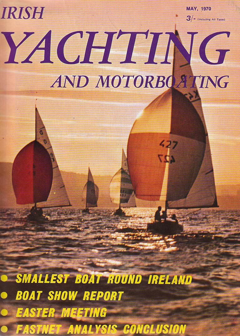 Cover of Irish Yachting &amp; Motorboating for May 1970, showing the International Dragons in a club evening race at RNIYC at Cultra on Belfast Lough with Jeremy Hughes in Medusa leading