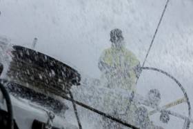 Peter Burling gets lost in the spray at the helm of Team Brunel hours before he was named 2017 World Sailor of the Year