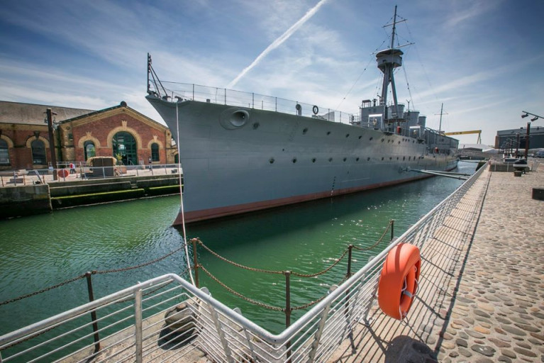 An exhibition of art funded by the UK National Heritage Lottery Fund AFLOAT adds is currently on display on board HMS Caroline as above in Alexandra Dock, Belfast Harbour