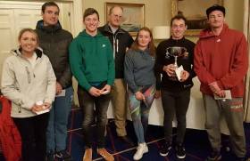 Royal St George Commodore Peter Bowring (pictured centre) with Baltimore SC champions comprising Mark Hassett with Adam Hyland, Fionn Lyden with Amy Harrington and Johnny Durcan with Trudy O’Hara