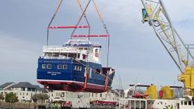 Rare moment in Irish shipbuilding as the new carferry Spirit of Rathlin is lowered into the River Avoca yesterday