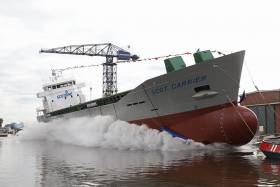 Launch of forest products cargoship Scot Carrier at a Dutch shipyard in Groningen.  