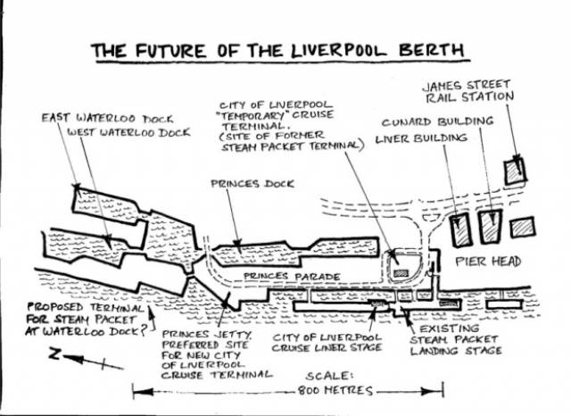 The Liverpool berth plan shows where the Isle of Man terminal at the Landing Stage and a proposal to relocate downriver to the Waterloo Dock (on left) 