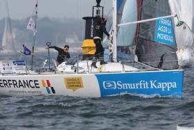 Tom Dolan in the pit, Tanguy Bourouulec at the mast as Smurfit Kappa-CerFrance gets away from Concarneau