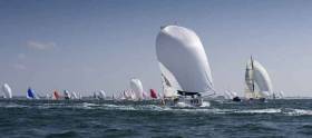 Tom Dolan (bow number 910 in foreground) narrowly leads his class after the first night at sea in the Mini-en-Mai 2017, but still has 329 miles to race with the prospect of flukey winds.