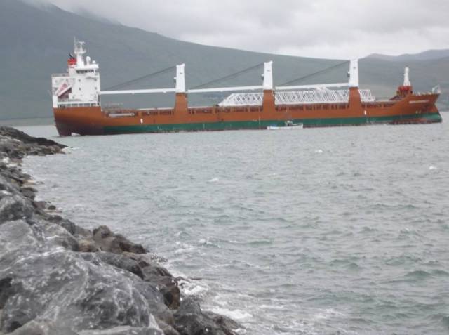 A general cargoship departs Fenit in July with Liebherr container crane parts on board