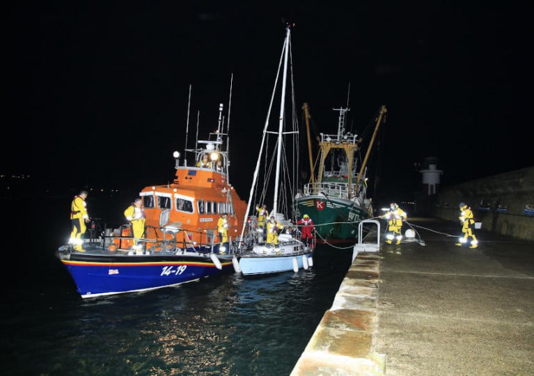 Arklow RNLI brings the distressed yacht alongside at Wicklow Harbour