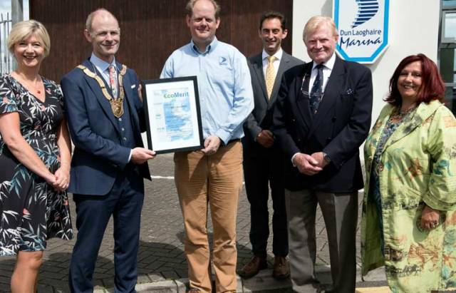 Pictured at the presentation of the €coMerit Certification to Dun Laoghaire Marina by Dún Laoghaire-Rathdown County Council, Dun Laoghaire Rathdown Chamber and the Environmental Protection Agency were, left to right, Ms Gabby Mallon, CEO, Dun Laoghaire Rathdown Chamber, An Cathaoirleach Cllr. Ossian Smyth, Mr Paal Janson, General Manager, Dun Laoghaire Marina, Dr Shane Colgan , Manager, Resource Efficiency Unit, the Environmental Protection Agency, Mr John Bourke, Chairman, Marina Marketing and Management Ltd. and Ms Aileen Eglington President, Dun Laoghaire Rathdown Chamber.