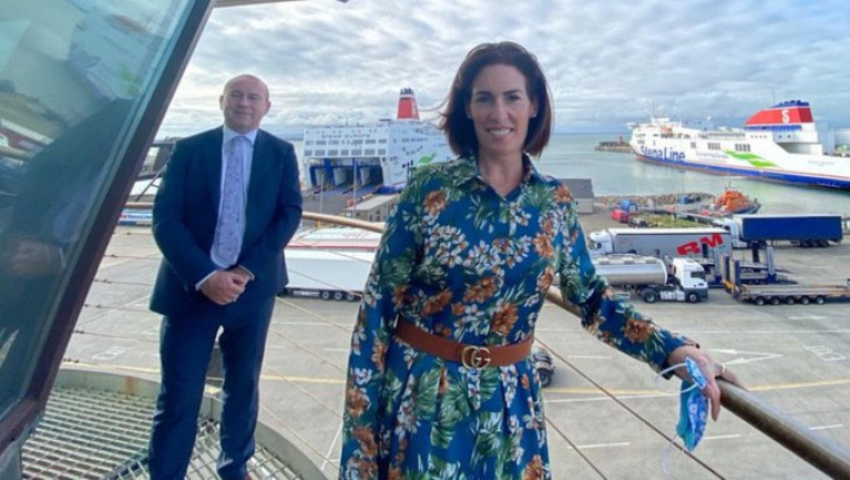 Minister of State Hildegarde Naughton with General Manager of Rosslare Europort Glenn Carr on a recent visit to the south-east ferryport. Above AFLOAT adds both Stena ferries that serve the port on routes to Wales and France were present. On the left the veteran Stena Europe which underwent a major career extension work last year, serves the UK and fleetmate Stena Horizon connecting Europe. 