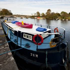 Heritage barge 76M at Jamestown Weir on the Shannon in Co Leitrim