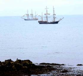Earl of Pembroke (foreground) moored in Scotsman&#039;s Bay and Kaskelot on her way to Dun Laoghaire Harbour in advance of Dublin Port&#039;s Riverfest on the River Liffey this weekend