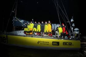 Team Brunel celebrate their Leg 9 victory in Cardiff this morning, Tuesday 29 May