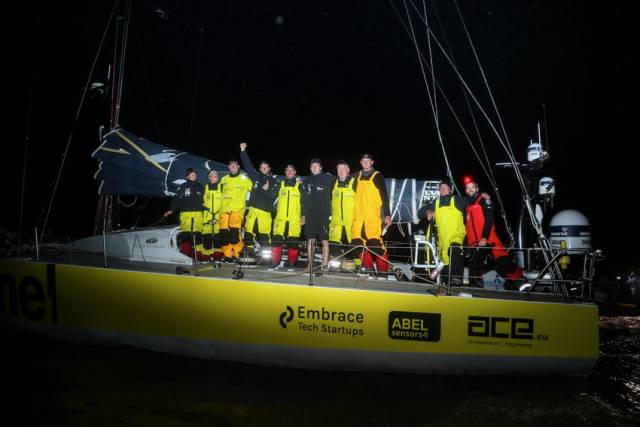 Team Brunel celebrate their Leg 9 victory in Cardiff this morning, Tuesday 29 May