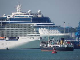 S.S. Shiedhall awarded the UK&#039;s 2018 regional flagship for the National Historic Fleet is seen in Southampton with backdrop of &#039;Solstice&#039; class cruiseship Celebriry Eclipse which Afloat adds is &#039;home-porting&#039; out of Dublin Port this season. Excursion trips in Solent waters can be made on the Shieldhall which is a former Glasgow based sewage dumping vessel built 1955 by Lobnitz &amp; Co Ltd, Renfrew.