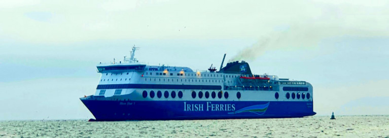 Irish Ferries which is owned by ICG, said its half year revenues rose by 8.3% to €141.6m. Above is the chartered-in blue hull ferry Blue Star 1 which operates the Rosslare-Pembroke route. 