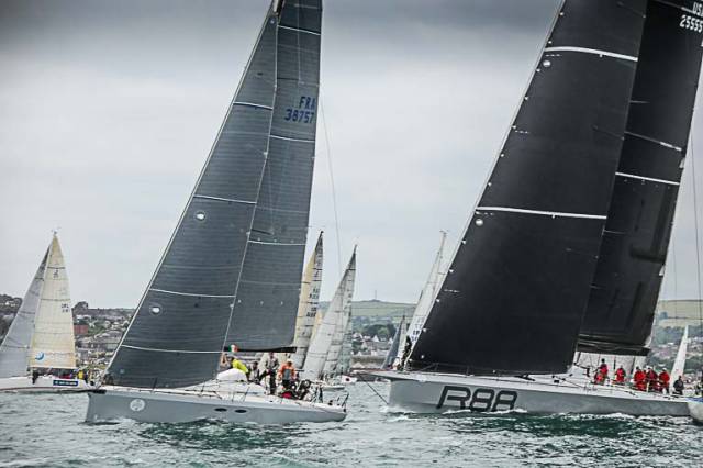 Eric de Turckheim's A13 Teasing Machine leads George David's American Maxi Rambler 88 off the Round Ireland Race startline in Wicklow in 2016. David was the overall winner with de Turckheim in second place. Rambler and a new 54ft Teasing Machine are in action again this summer in the 3500 nautical mile race from Bermuda to Hamburg, starting on 8th July 2018 