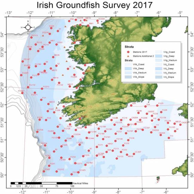 Map of the approximate haul locations in this year’s Irish Groundfish Survey off the South and West Coasts