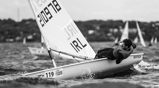 Ballyholme's Liam Glynn gets to grips with tough conditions in the Bay of Tallin at the Laser Radial Youth Europeans Championships