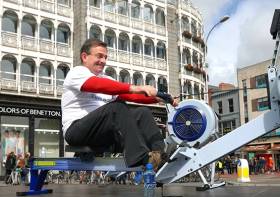 Television personality Eddie Hobbs joined celebrities from the worlds of sport and entertainment by taking part in an on-street rowing demonstration