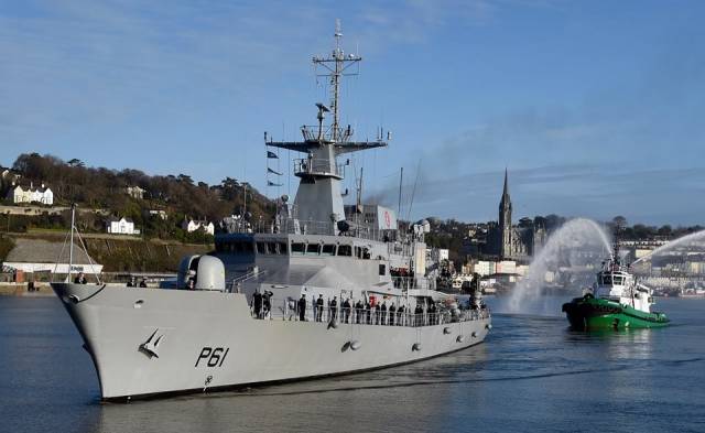 A new tug to Cork Harbour, Stevns Breaker with water display to welcome return of LE Samuel Beckett to Haulbowline Naval Base after a harrowing three-month humanitarian mission in the Mediterranean.