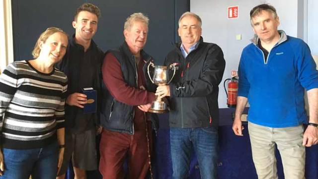 J24 prizes were presented by HYC Commodore Joe McPeake (second from right) and J24 President Brian McDowell (right) to Gold Fleet Winners, Hard on Port