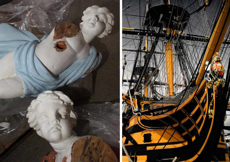 The remnants of the 1815 figurehead, and (right) HMS Victory has it looks today