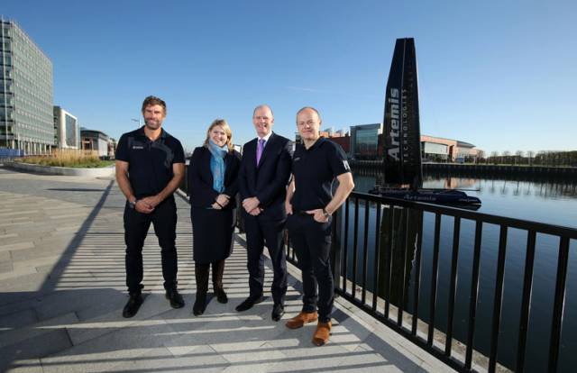Artemis Technologies, a spin-off from America’s Cup team Artemis Racing, has announced plans to establish a new facility in Belfast Harbour, initially creating 35 jobs, in a bid to return commercial shipbuilding to the city. It will develop a city to city passenger Autonomous Sailing Vessel that will run without the need for fossil fuels. Pictured at the launch, from left, Artemis Technologies Chief Executive, double Olympic gold medalist Iain Percy OBE, Northern Ireland Secretary of State Rt Hon Karen Bradley MP, Belfast Harbour CEO Joe O’Neill and Mark Gillan, Head of Innovation, Artemis Technologies.