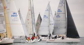 J109 Juggerknot (Andrew Algeo of the Royal Irish Yacht Club) port tacks a 23–boat line shy fleet in the first ISORA race of the season off Dun Laoghaire