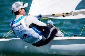 Finn Lynch competing in the first rounds of the Miami World Sailing Cup
