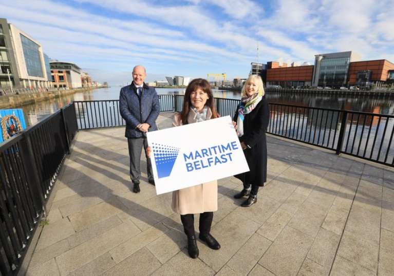Maritime Belfast Trust chief executive Kerrie Sweeney and chair Marie Therese McGivern with Joe O’Neill, chief executive of Belfast Harbour.